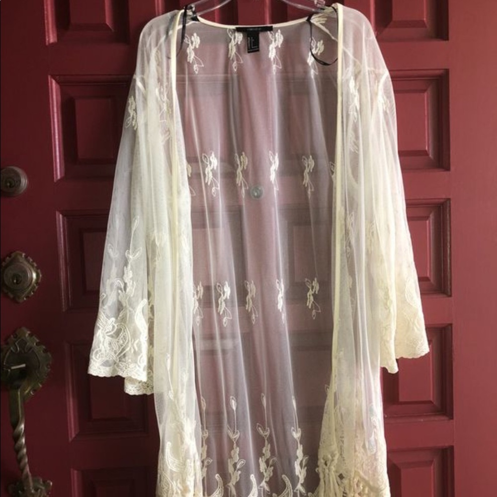Forever 21 Lace/Mesh Boho Cardigan in Cream